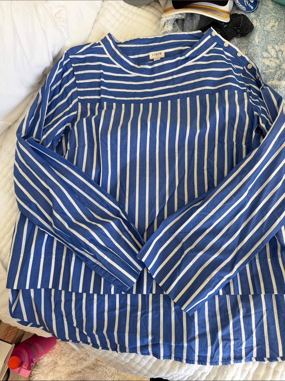 J. Crew Blue and White Striped Long-Sleeve Button-Shoulder Top